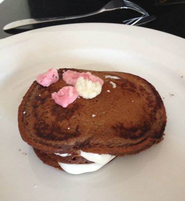PANK breakfast - chocolate pancakes with melted marshmallow