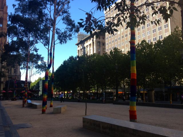A yarn-bombed City Square, Melbourne.