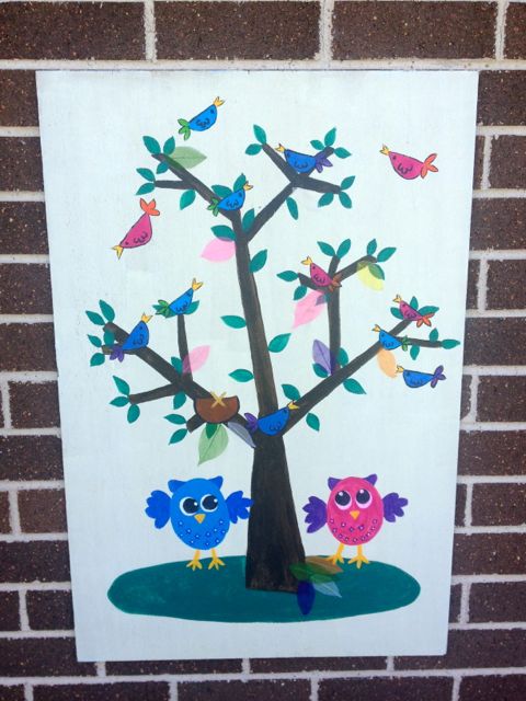 The canvas (hand-painted by Jo!) for Pin The Owl On The Nest. 