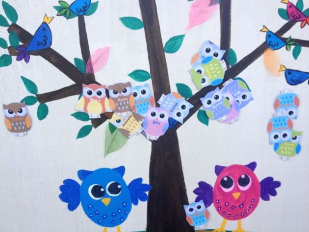 After the owls were all pinned. Methinks some of the kids could see through the eye mask...