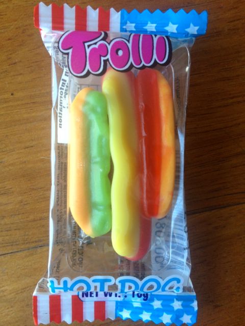 And a gummi hot dog, bursting with colour.